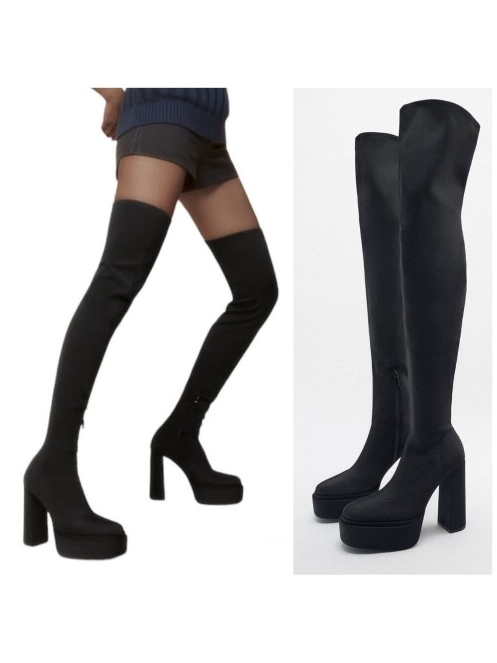 Zara black chunky heel platform fabric over the knee thigh high boots Sz 40 NWOT